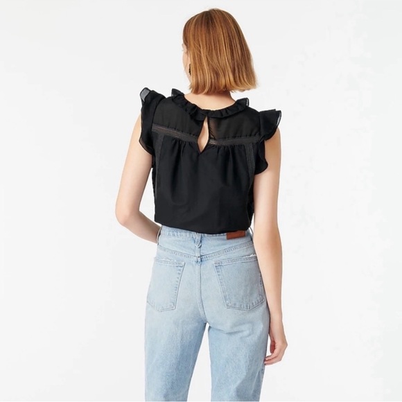 J. Crew Flutter-sleeve top cotton silk voile Black size S lace trim ruffleneck - Picture 3 of 12